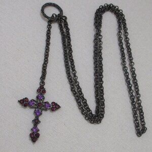 Purple & Red Rhinestone Crystal Cross Necklace Slide Chain Dark Gunmetal Silver